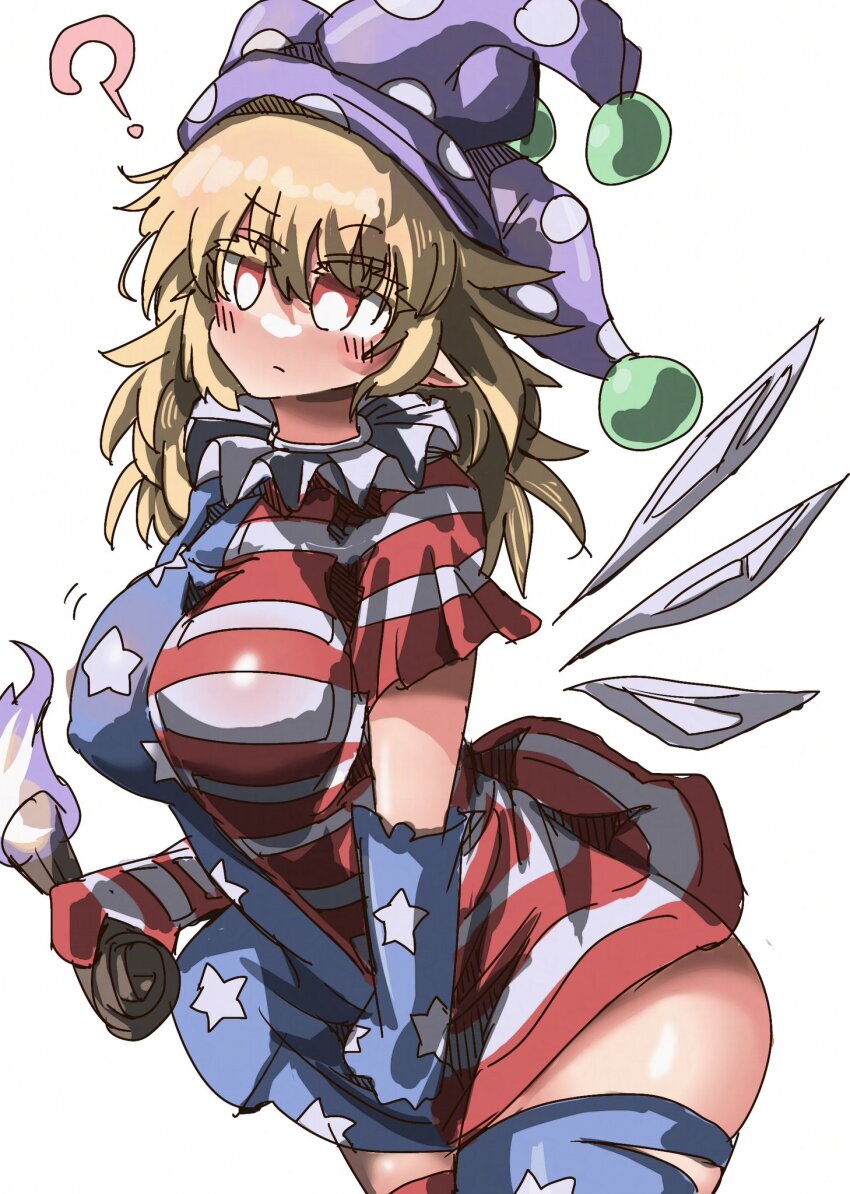1girl ? american_flag american_flag_dress american_flag_gloves american_flag_legwear american_flag_print blonde_hair blush breasts clownpiece commentary_request eye20806972 fairy fairy_wings flag_print gloves hat highres holding holding_torch jester_cap large_breasts print_gloves solo thighhighs torch touhou wings zettai_ryouiki