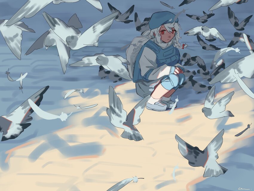 1girl beret bird blue_hat braid fingerless_gloves gloves grey_skirt hair_ribbon hat highres kanna_(love-bullet) load_bearing_vest loafers long_sleeves looking_at_viewer love-bullet muagiong pigeon red_eyes red_ribbon ribbon shoes side_braid sitting_in_shadow skirt solo squatting white_hair