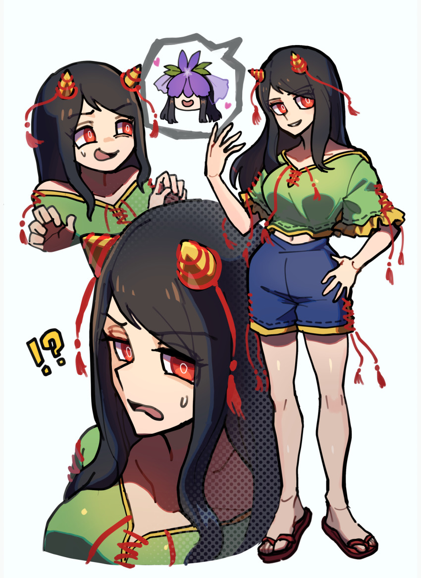 !? 1girl black_hair blue_shorts brown_horns collarbone cone_horns flip-flops green_shirt highres horn_ornament horn_ribbon horns iganashi1 long_hair multiple_views nippaku_zanmu open_mouth red_eyes ribbon sandals shirt short_sleeves shorts simple_background smile touhou white_background yomotsu_hisami