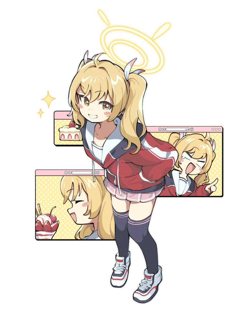 1girl :d ahoge black_thighhighs blank_eyes blonde_hair blue_archive blush_stickers brown_eyes cake cake_slice closed_eyes commentary_request cross-laced_shoes ebfried66 food full_body grin hair_between_eyes hair_intakes hair_ribbon halo hand_in_pocket happy highres index_finger_raised jacket laughing leaning_forward long_hair long_sleeves looking_at_viewer miniskirt multiple_expressions open_mouth parfait pink_skirt pleated_skirt red_jacket ribbon shoes simple_background skirt smile smug sneakers solo sparkle standing thighhighs track_jacket twintails v-shaped_eyebrows white_background white_ribbon white_shoes window_(computing) yellow_halo yoshimi_(blue_archive) zettai_ryouiki