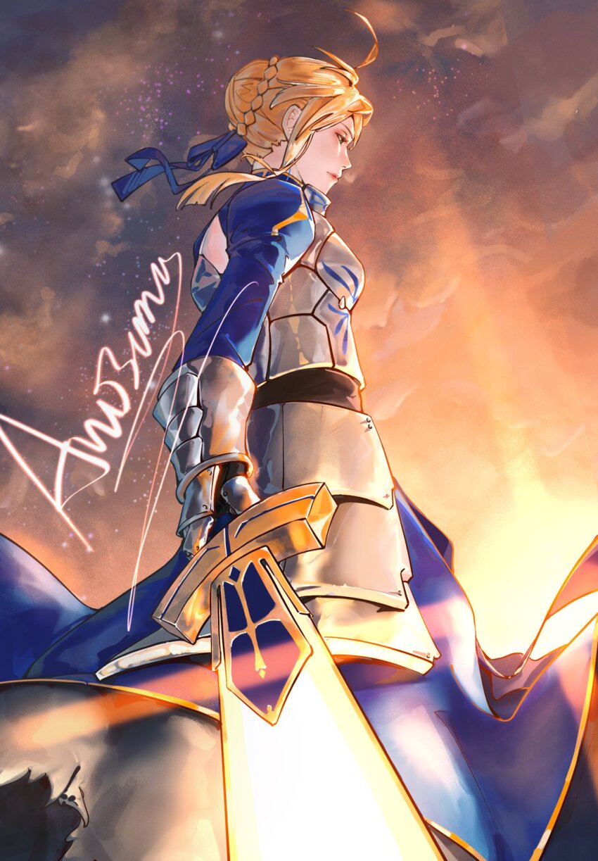 1girl accelerator1111 ahoge armor armored_dress artist_name artoria_pendragon_(fate) blonde_hair blue_dress blue_ribbon bow braid breastplate closed_mouth cloud commentary dress excalibur_(fate/stay_night) fate/zero fate_(series) faulds from-side from_below gauntlets glowing glowing_weapon hair_bow hair_bun hair_ribbon highres holding holding_sword holding_weapon juliet_sleeves long_sleeves planted planted_sword planted_weapon puffy_sleeves ribbon saber_(fate) short_hair sidelocks signature single_hair_bun sky solo standing sword weapon