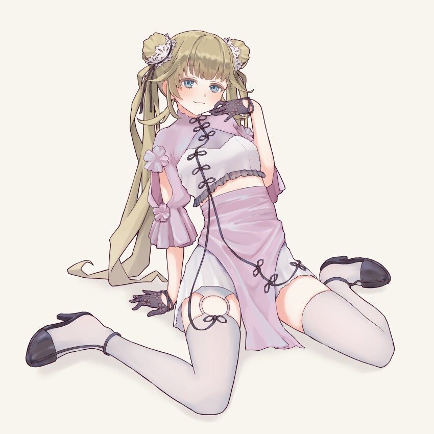 1girl absurdres arm_cutout blue_eyes cattleya_regina_games chinese_clothes double_bun gloves green_hair hair_bun half_gloves hanabusa_lisa hanabusa_lisa_(3rd_costume) high_heels highres lace lace_gloves midriff_peek pelvic_curtain puffy_sleeves simple_background sitting skirt solo thighhighs three-quarter_sleeves twintails virtual_youtuber vspo! wariza white_background white_skirt white_thighhighs zephda