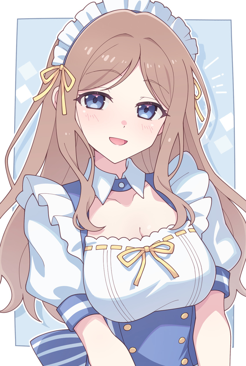 1girl bang_dream! bang_dream!_it&#039;s_mygo!!!!! blue_eyes blush border breasts brown_hair cleavage commentary e20 highres large_breasts lawson long_hair looking_at_viewer maid_headdress nagasaki_soyo open_mouth outside_border sidelocks solo white_border
