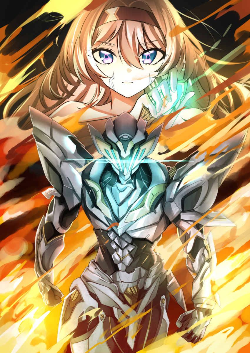 1girl armor black_hairband close-up cowboy_shot fire firefly_(honkai:_star_rail) grey_hair hairband henshin henshin_pose highres hisuikouha holding honkai:_star_rail honkai_(series) long_hair power_armor sam_(honkai:_star_rail) topless_female white_armor