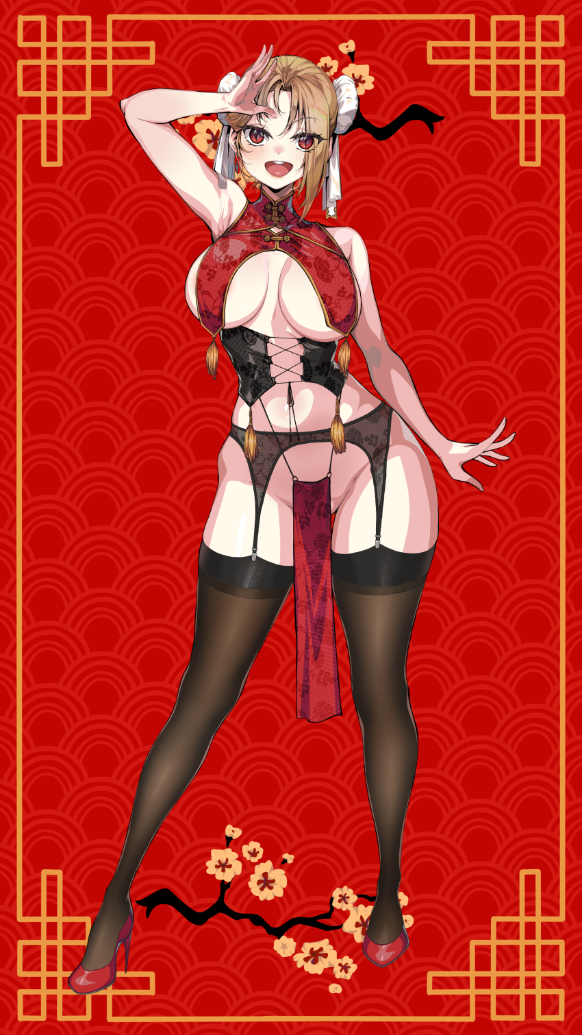 1girl absurdres bare_arms bare_shoulders black_corset black_thighhighs bottomless branch breasts breasts_apart brown_hair china_dress chinese_clothes contrapposto corset covered_erect_nipples cross-laced_clothes double_bun dress full_body garter_belt gold_trim hair_bun hand_up high_heels highres impossible_clothes large_breasts loincloth looking_at_viewer no_bra no_panties o-ring open_mouth original rantia red_background red_eyes red_footwear revealing_clothes solo tassel teeth thighhighs upper_teeth_only