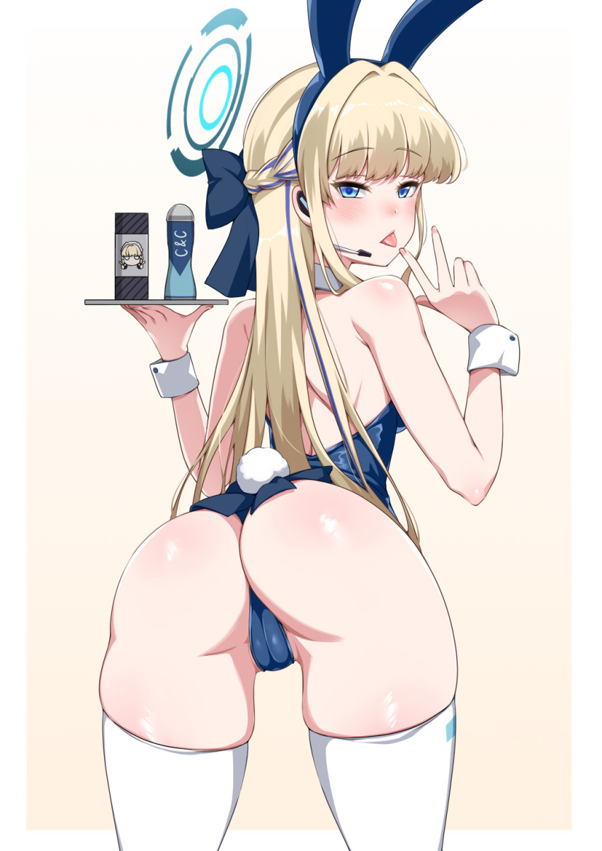 1girl animal_ears ass blonde_hair blue_archive blue_bow blue_eyes blue_hairband bow cameltoe commentary darkmaya earpiece fake_animal_ears fake_tail from_behind hair_bow hairband halo hand_up highres holding holding_tray leaning_forward leotard long_hair looking_at_viewer looking_back lotion_bottle lube microphone playboy_bunny rabbit_ears rabbit_tail solo tail thighhighs thighs toki_(blue_archive) toki_(bunny)_(blue_archive) tongue tongue_out tray w white_thighhighs wrist_cuffs