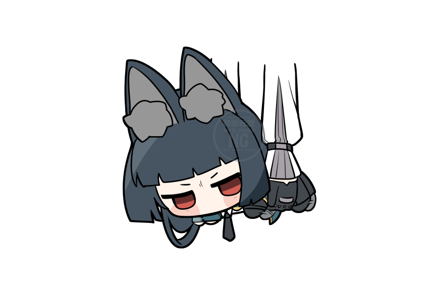 2girls absurdly_long_hair absurdres animal_ear_fluff animal_ears black_gloves black_hair black_necktie black_skirt blunt_bangs blunt_ends blush_stickers carrying carrying_person chibi commentary_request gloves highres hime_cut hoshimi_miyabi jitome long-eared_miyabi_(meme) long_hair meme multiple_girls necktie no_mouth pleated_skirt red_eyes shinonome_nashi shirt simple_background skirt sleeves_past_wrists solo_focus tsukishiro_yanagi very_long_ears very_long_hair watermark white_background white_shirt zenless_zone_zero
