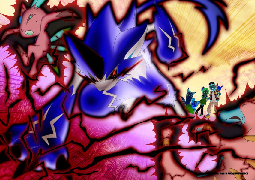 1boy 1girl :| absurdres artist_request ash_ketchum black_hair black_shirt black_shoes bow claws closed_mouth copyright_name copyright_notice creatures_(company) ditto electricity emphasis_lines furret game_freak gen_1_pokemon gen_2_pokemon gen_7_pokemon glowing grass grey_pants hair_bow hand_on_ground hat highres houndoom jacket legendary_pokemon margo_(pokemon) mythical_pokemon night nintendo official_art on_shoulder open_clothes open_jacket open_mouth outdoors pants pikachu pink_hair pokemon pokemon_(anime) pokemon_(creature) pokemon_focus pokemon_on_shoulder pokemon_the_movie:_the_power_of_us red_eyes second-party_source shirt shoes short_hair sneasel standing sweatdrop teddiursa yellow_bow zeraora