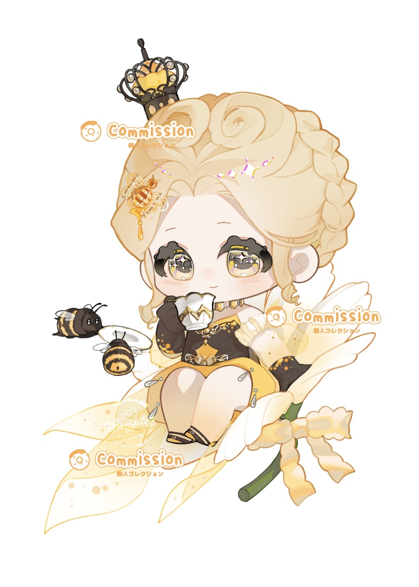 1girl bare_legs bee bee_costume bee_hair_ornament belt belt_buckle black_belt black_gloves black_shirt black_shoes blonde_hair bow braid buckle bug chain character_request chibi chinese_commentary circlet closed_mouth commentary_request commission crown crown_braid cup curly_hair detached_sleeves drinking eeeestella eyelashes flower frilled_sleeves frills fringe_trim gloves gold_chain hair_ornament hairclip happy highres holding holding_cup insect light_blush long_sleeves mini_crown miniskirt multicolored_shoes nikki_(series) on_flower shining_nikki shirt shoe_belt shoes short_hair simple_background sitting skirt smile solo sparkling_eyes strapless strapless_shirt tareme teacup train_(clothing) two-tone_shoes updo watermark white_background white_flower white_sleeves yellow_bow yellow_crown yellow_eyes yellow_shoes yellow_skirt