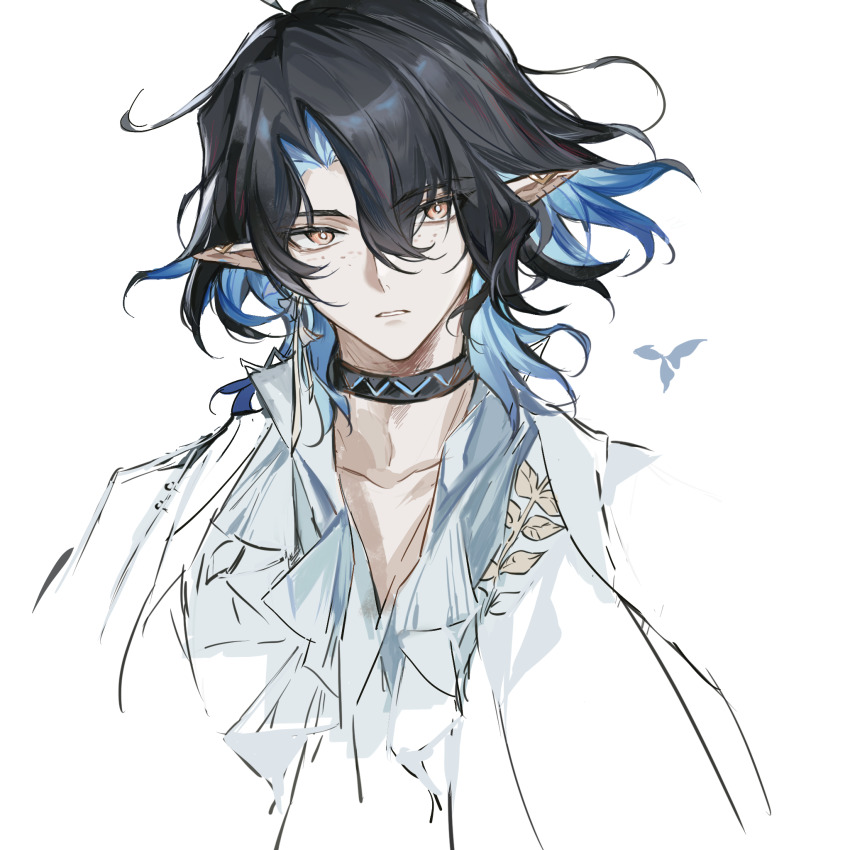 1boy arknights asymmetrical_bangs black_hair blue_hair chinese_commentary choker collarbone colored_inner_hair commentary cropped_shoulders curtained_hair earrings freckles gold_earrings hair_over_one_eye head_tilt highres infection_monitor_(arknights) jewelry looking_at_viewer lumen_(arknights) male_focus medium_hair messy_hair multicolored_hair orange_eyes parted_lips pointy_ears ribbon_earrings shirt simple_background solo straight-on streaked_hair vidoakdame white_background white_shirt