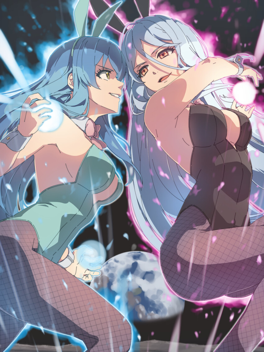 2girls animal_ears black_leotard blue_hair blue_leotard bow bowtie breasts chiharu_(9654784) cleavage commission covered_navel detached_collar earth_(planet) eiyuu_densetsu fake_animal_ears fishnet_pantyhose fishnets floating_hair grandmaster_(eiyuu_densetsu) grin hair_between_eyes highleg highleg_leotard highres kai_no_kiseki kuro_no_kiseki_(series) large_breasts leotard long_hair multiple_girls nina_fenly open_mouth pantyhose parted_bangs planet playboy_bunny rabbit_ears sideboob sidelocks skeb_commission smile space strapless strapless_leotard white_wrist_cuffs wrist_cuffs yellow_eyes
