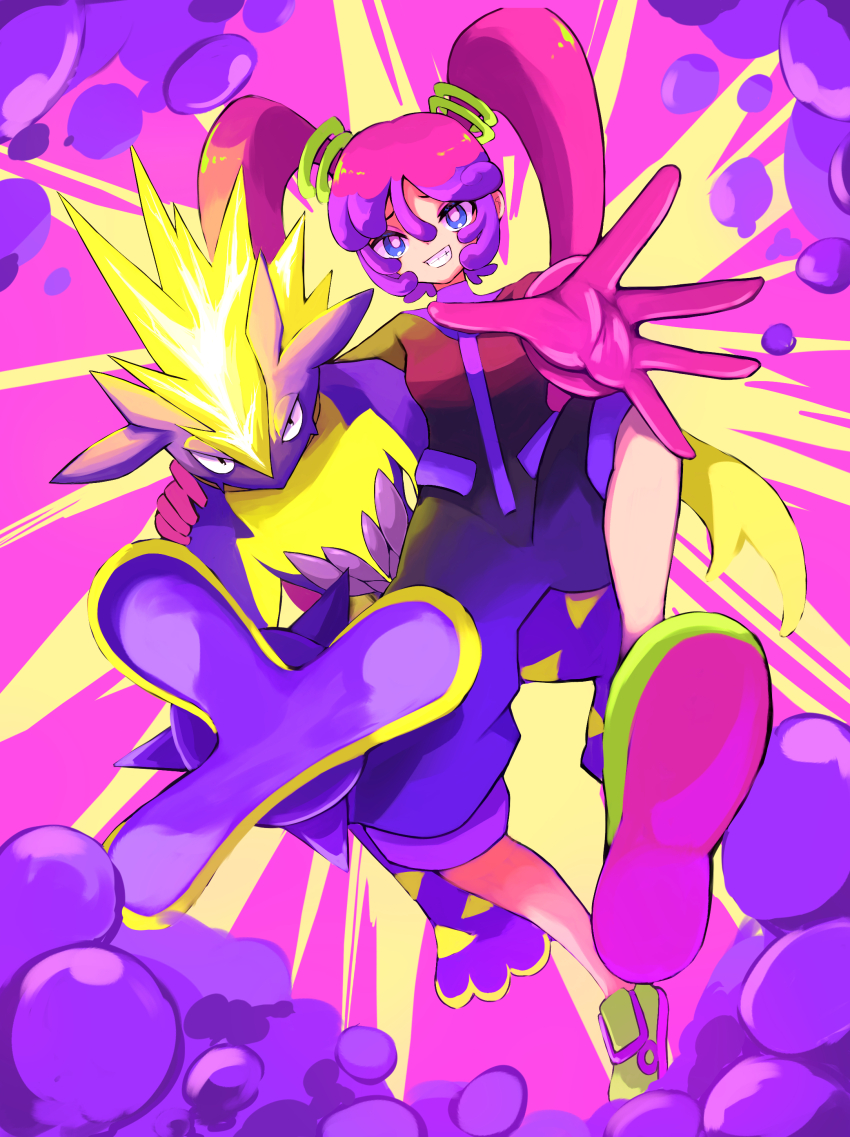 1girl absurdres blonde_hair blue_eyes bodysuit gen_8_pokemon gloves green_footwear hatsune_miku highres long_hair multicolored_hair nintendo outstretched_arm pink_gloves pink_hair poison_miku_(project_voltage) pokemon pokemon_(creature) project_voltage purple_bodysuit purple_hair reaching reaching_towards_viewer shoes smile toxtricity toxtricity_(amped) twintails v-shaped_eyes vocaloid yuu_(yuu777hh)