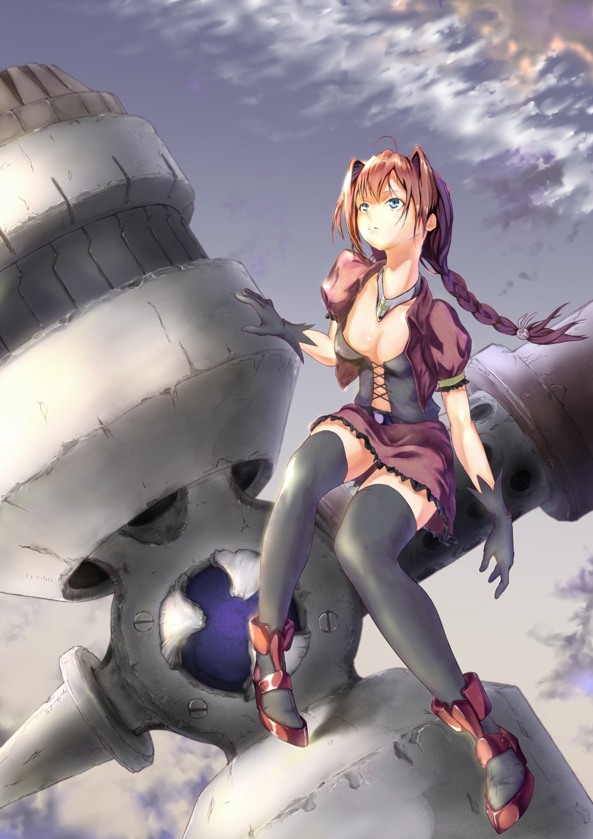 1girl ahoge bad_id bad_pixiv_id black_thighhighs blue_eyes braid breasts cleavage disheveled female_focus gloves goripan graf_eisen hair_intakes highres long_braid lyrical_nanoha mahou_shoujo_lyrical_nanoha single_braid small_breasts solo thighhighs thighs torn_clothes vita_(nanoha)