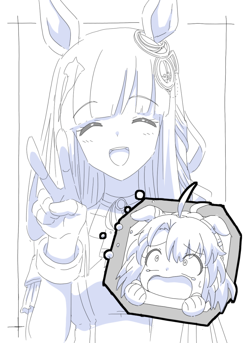 2girls alternate_costume animal_ears blunt_bangs blush breasts chrono_genesis_(umamusume) closed_eyes commentary_request crying crying_with_eyes_open dantsu_flame_(umamusume) destino detached_sleeves fingerless_gloves gloves hair_between_eyes hair_ornament highres monochrome multiple_girls portrait small_breasts tears teeth umamusume upper_teeth_only v