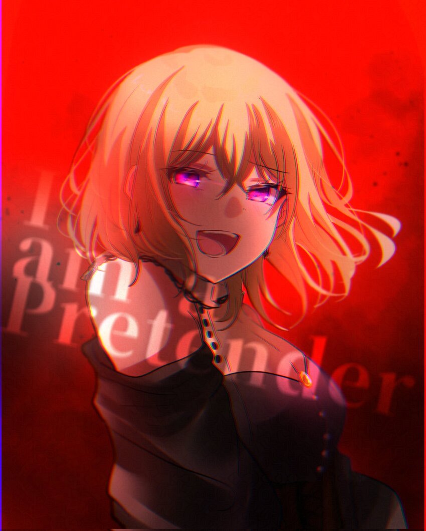 1girl asahi_rise bang_dream! bang_dream!_it&#039;s_mygo!!!!! black_dress blonde_hair brown_corset chromatic_aberration clothing_cutout commentary_request corset doloris_(bang_dream!) dress hair_between_eyes highres medium_hair misumi_uika open_mouth purple_eyes shoulder_cutout sidelocks solo teeth upper_body