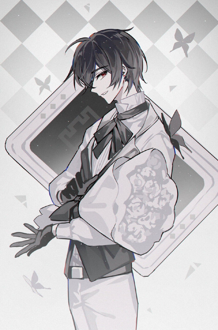 1boy argyle_background ayn_alwyn belt black_belt black_butterfly black_gloves black_hair black_ribbon black_vest bouquet bug butterfly chinese_commentary cowboy_shot cropped_jacket earrings flower formal_clothes from_side gloves hair_between_eyes highres holding holding_bouquet insect jacket jewelry kazenemuri lapels long_sleeves looking_at_viewer lovebrush_chronicles male_focus neck_ribbon notched_lapels pants parted_lips profile red_eyes ribbon rose shirt shirt_tucked_in short_hair sideways_glance smile solo standing stud_earrings suit vest white_background white_flower white_jacket white_pants white_rose white_shirt white_suit