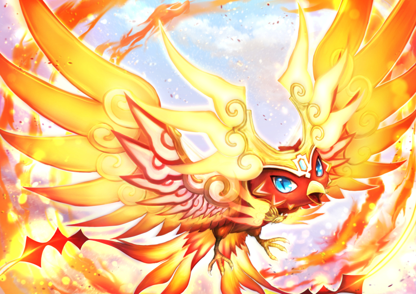 beak bird blue_eyes cloud commentary_request duel_masters duel_masters_play&#039;s feathers fire gem glowing highres kumaoka_pon looking_at_viewer open_mouth outdoors phoenix sky slit_pupils sparkle