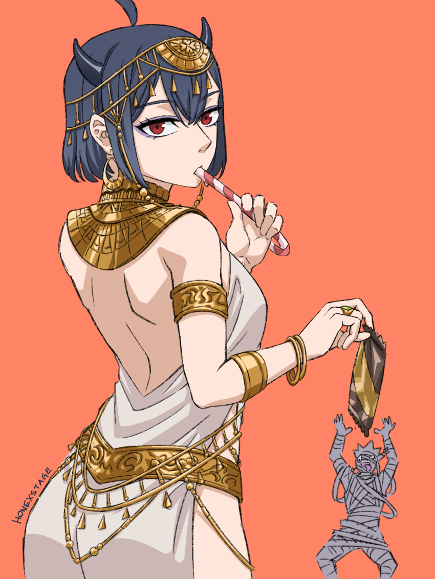 1boy 1girl absurdres ancient_egyptian_clothes asta_(black_clover) black_clover black_eyeshadow black_horns bracelet candy candy_cane chocolate chocolate_bar commentary dress earrings eating english_commentary eyeshadow food gold_armlet gold_bracelet highres holding holding_candy holding_candy_cane holding_food honexstage horns jewelry looking_back makeup mummy_costume orange_background red_eyes ring secre_swallowtail short_hair white_dress