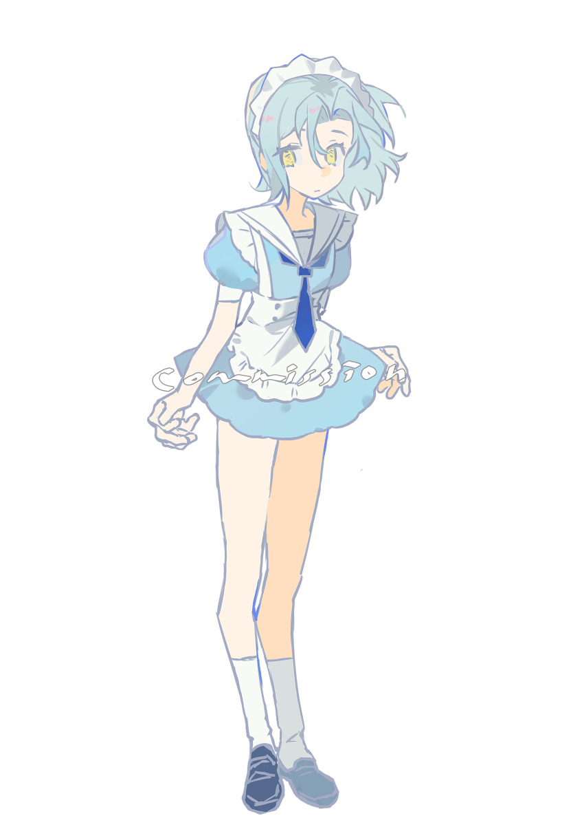 1girl absurdres apron aqua_hair black_shoes blue_dress character_request chinese_commentary chuanhua commentary_request commission copyright_request curtained_hair dress frilled_apron frills full_body highres maid maid_headdress puffy_short_sleeves puffy_sleeves sailor_collar sailor_dress shoes short_dress short_hair short_sleeves simple_background socks solo tachi-e white_apron white_background white_sailor_collar white_socks yellow_eyes