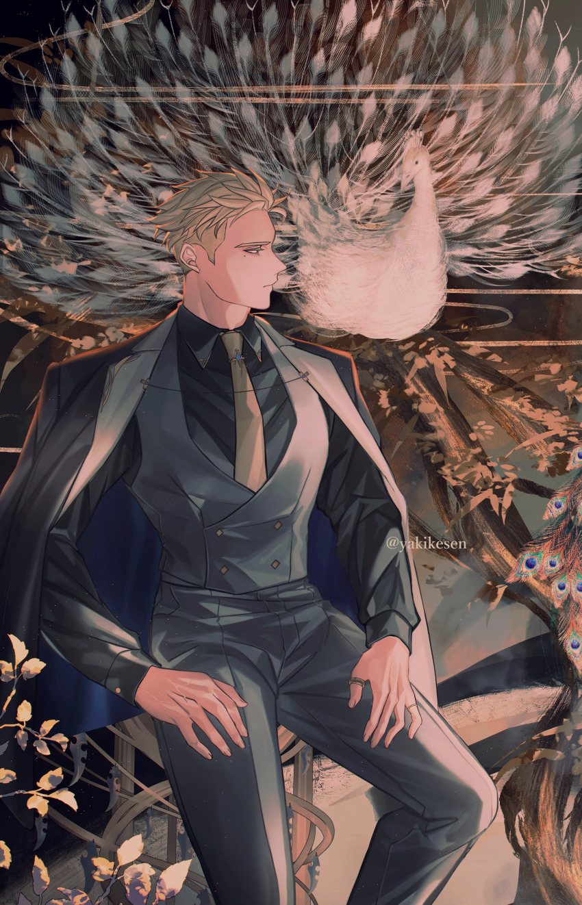 1boy absurdres bird black_shirt blonde_hair closed_mouth collared_shirt grey_necktie grey_vest highres light_particles looking_to_the_side male_focus millions_knives mole mole_under_eye necktie peacock shirt short_hair solo trigun trigun_stampede twitter_username vest yakikesen