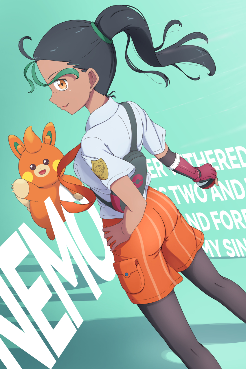 1girl absurdres backpack bag black_hair commentary_request dark-skinned_female dark_skin gloves green_background green_hair hand_on_own_hip highres holding holding_poke_ball long_hair multicolored_hair nemona_(pokemon) nintendo orange_shorts pantyhose pawmi poke_ball poke_ball_(basic) pokemon pokemon_(creature) pokemon_sv ponytail red_gloves scarletsky shirt short_sleeves shorts single_glove smile streaked_hair wedgie