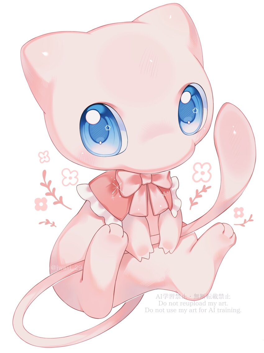 blue_eyes bow bowtie commentary full_body gen_1_pokemon highres iwasi_29 legendary_pokemon looking_at_viewer mew_(pokemon) mythical_pokemon nintendo no_humans pokemon pokemon_(creature) pokemon_focus red_bow red_bowtie simple_background solo watermark white_background