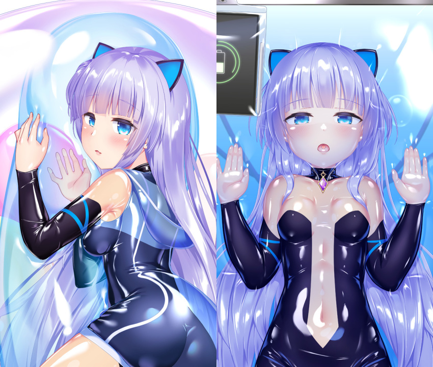 1girl animal_ears ass black_choker blue_eyes bodysuit breasts cat_ears choker clothing_cutout commentary_request covered_navel dakimakura_(medium) detached_collar dress indie_virtual_youtuber latex latex_bodysuit latex_dress long_hair mitsuki_awano naka_(cheeseyeast) navel_cutout open_mouth purple_hair see-through_clothes see-through_bodysuit shiny_clothes skin_tight small_breasts vacuum_bed virtual_youtuber