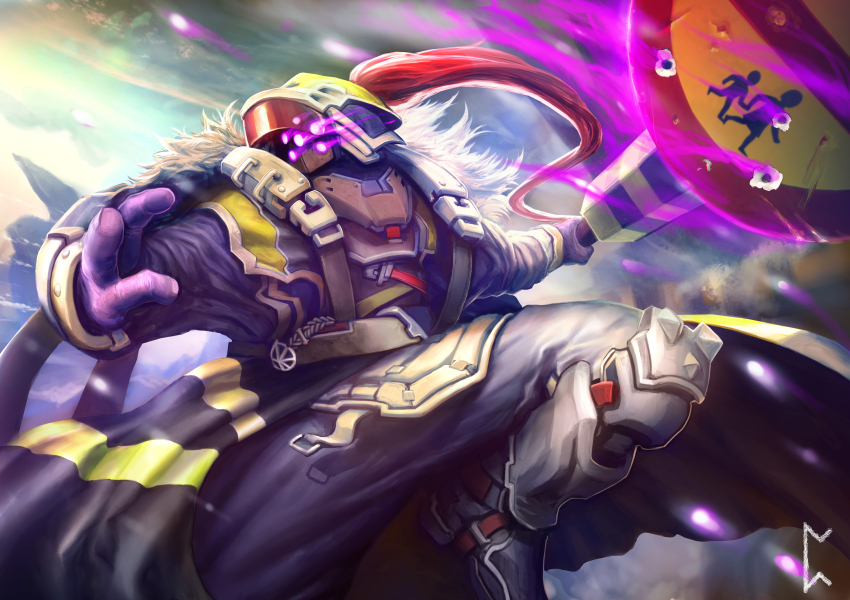 1boy absurdres alternate_costume armor gevurah-studios gloves glowing glowing_eyes helmet highres jax_(league_of_legends) league_of_legends male_focus ponytail sign solo