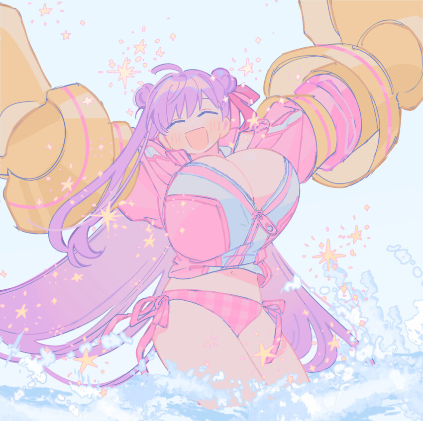 1girl ahoge bikini bouncing_breasts breasts claws closed_eyes cowboy_shot double_bun fate/grand_order fate_(series) gauntlets hair_bun hair_ribbon huge_breasts jacket long_hair ocean oneroom-disco open_mouth passionlip_(celeb_summer_experience_swimsuit)_(fate) passionlip_(fate) pink_bikini pink_jacket pink_ribbon purple_hair ribbon smile solo swimsuit very_long_hair wading zipper zipper_pull_tab
