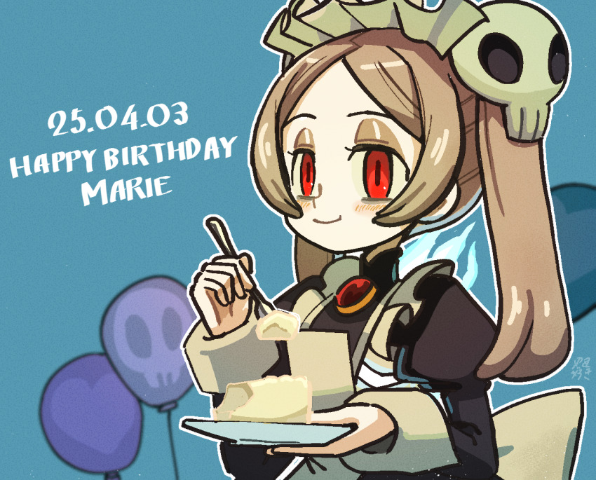 1girl 2025 balloon birthday birthday_cake bloody_marie_(skullgirls) blue_background blush brooch cake cake_slice character_name eating food grey_hair hair_ornament holding holding_plate jewelry kuroirozuki looking_at_viewer looking_back maid_headdress plate red_eyes skull_hair_ornament skullgirls smile solo twintails upper_body