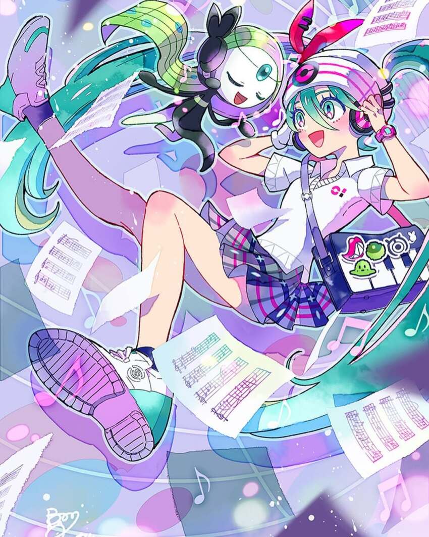 1girl bag bonmaru gen_5_pokemon hair_between_eyes hat hatsune_miku highres legendary_pokemon long_hair meloetta meloetta_(aria) musical_note mythical_pokemon nintendo open_mouth plaid_clothes plaid_skirt pokemon project_voltage psychic_miku_(project_voltage) sheet_music shirt short_sleeves skirt twintails vocaloid white_hat white_shirt