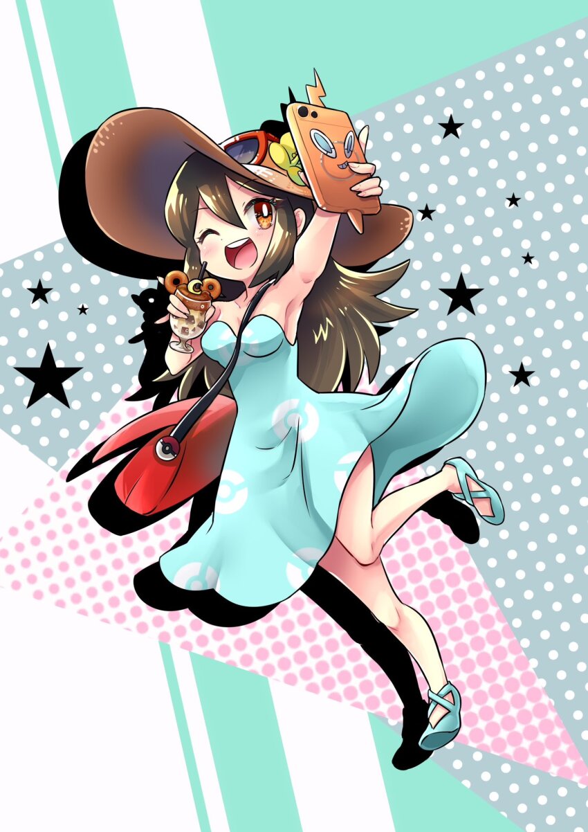 ;d armpits bag bare_shoulders blue_footwear brown_eyes brown_hair brown_hat cup dress eyewear_on_headwear food full_body gen_4_pokemon hair_between_eyes hat highres holding holding_cup holding_phone kiritaki leg_up long_hair nintendo one_eye_closed open_mouth parfait phone pokemon pokemon_sm red_bag rotom rotom_phone shoulder_bag sightseer_(pokemon) sleeveless sleeveless_dress smile star_(symbol) strapless strapless_dress sun_hat teeth upper_teeth_only