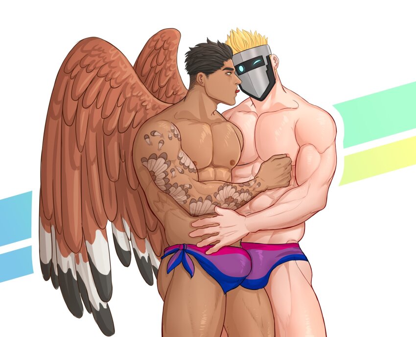 2boys abs artificial_eye bara bisexual_flag bisexual_flag_print bisexual_male blonde_hair blue_male_swimwear brown_feathers bulge bulge_press bulges_touching canadian_flag canadian_flag_print commission couple dark-skinned_male dark_skin feathered_wings feathers feet_out_of_frame flag_print hair_slicked_back hand_on_another&#039;s_shoulder highres indie_virtual_youtuber large_pectorals lgbt_pride male_focus male_swimwear mask masked_himbo_(silvyspark) mature_male mechanical_eye mlacc multiple_boys muscular muscular_male nipple_stimulation nipple_tweak nipples one_eye_closed original pectorals pink_moon_stick print_male_swimwear purple_male_swimwear second-party_source short_hair shoulder_tattoo sideburns standing stomach swim_briefs tattoo thick_eyebrows thick_thighs thighs tongue tongue_out topless_male virtual_youtuber wings yaoi