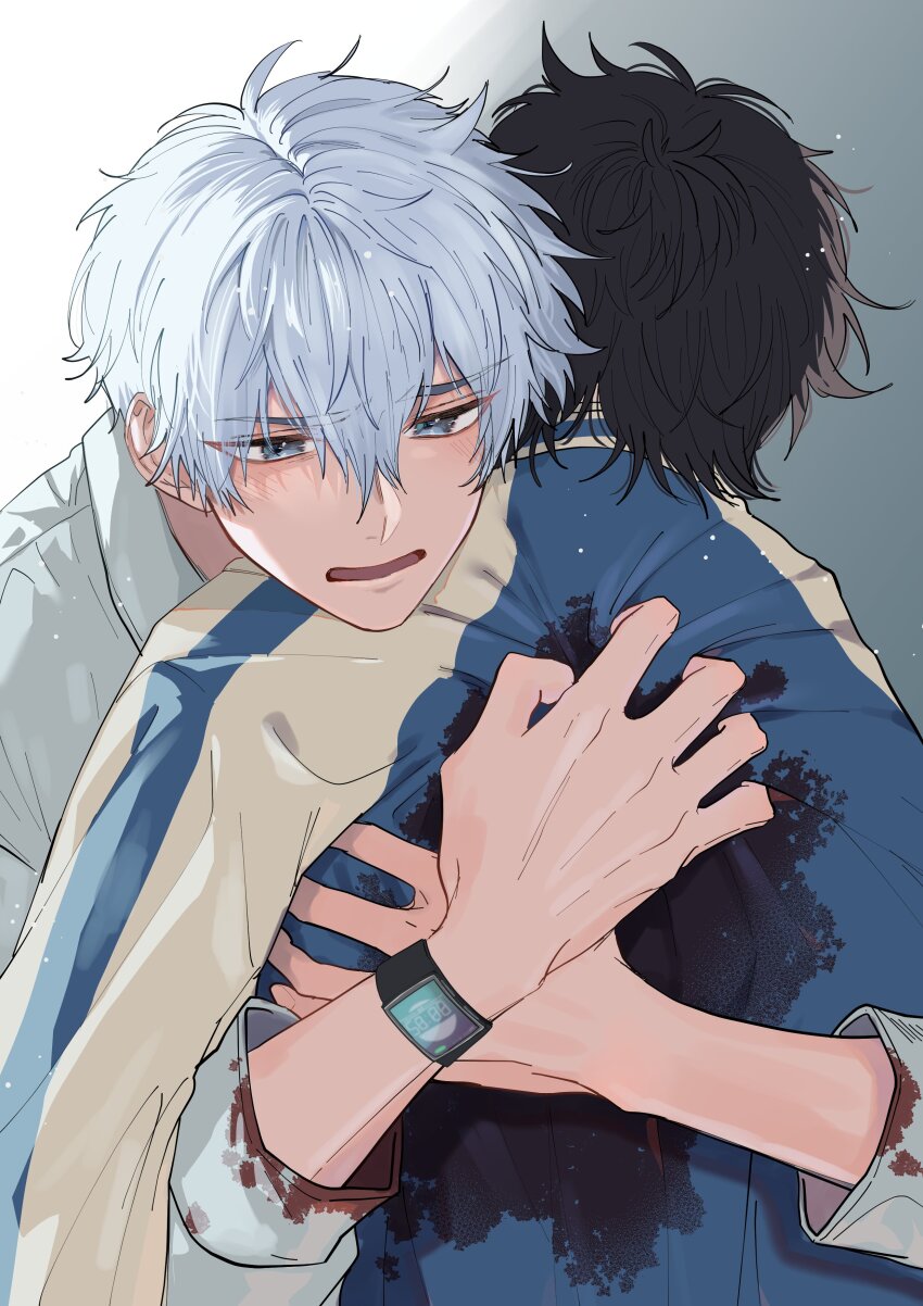 2boys 713haotititi absurdres black_hair blood blood_on_clothes blue_eyes blue_jacket cheng_xiaoshi collared_shirt hair_between_eyes highres hug injury jacket light_particles long_sleeves lu_guang male_focus messy_hair multicolored_jacket multiple_boys open_mouth shiguang_dailiren shirt short_hair simple_background upper_body watch white_background white_hair white_shirt wristwatch yaoi yellow_jacket