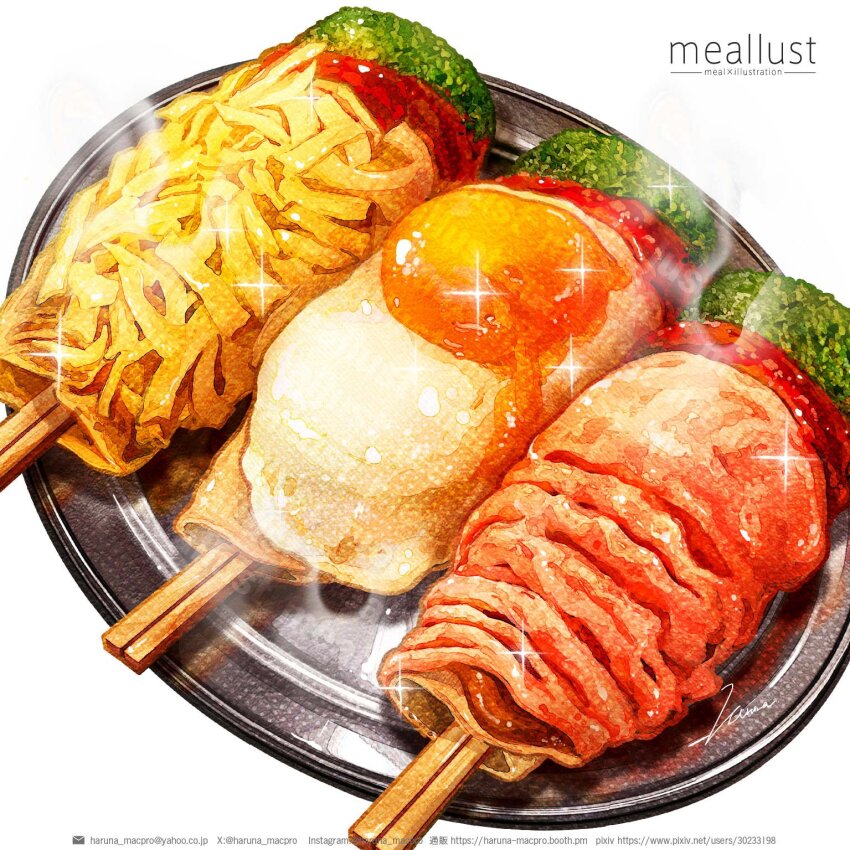 artist_name broccoli chopsticks egg_(food) food food_focus fried_egg haruna_macpro highres okonomiyaki original simple_background still_life tray white_background