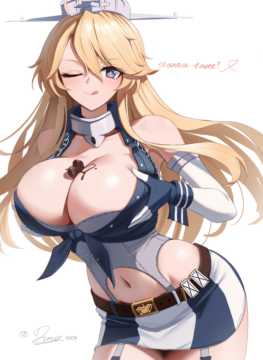 1girl ;q absurdres blonde_hair blue_eyes blush breasts chocolate chocolate_on_body chocolate_on_breasts cleavage cowboy_shot dimos_(dawn_1945) elbow_gloves fingerless_gloves food_on_body gloves hair_between_eyes headgear highres iowa_(kancolle) kantai_collection large_breasts long_hair looking_at_viewer one_eye_closed skirt smile solo star-shaped_pupils star_(symbol) symbol-shaped_pupils tongue tongue_out white_background
