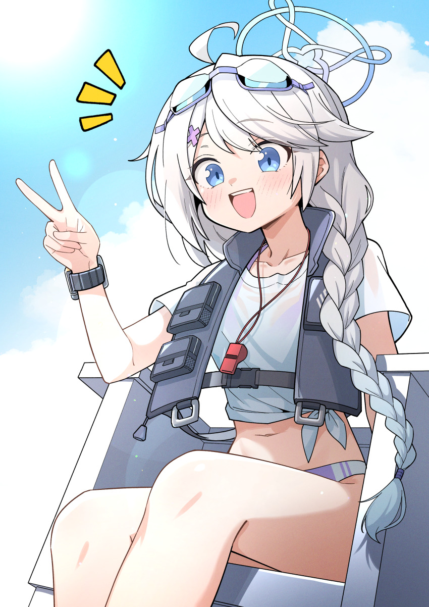 1girl :d absurdres ahoge bikini black_vest blue_archive blue_eyes blue_halo blue_sky blush braid cloud day eyewear_on_head feet_out_of_frame golmonggu grey_hair halo highres kirino_(blue_archive) kirino_(swimsuit)_(blue_archive) long_hair looking_at_viewer navel official_alternate_costume open_clothes open_mouth open_vest outdoors purple_bikini shirt short_sleeves single_braid sitting sky smile solo swimsuit v vest whistle whistle_around_neck white_halo white_shirt