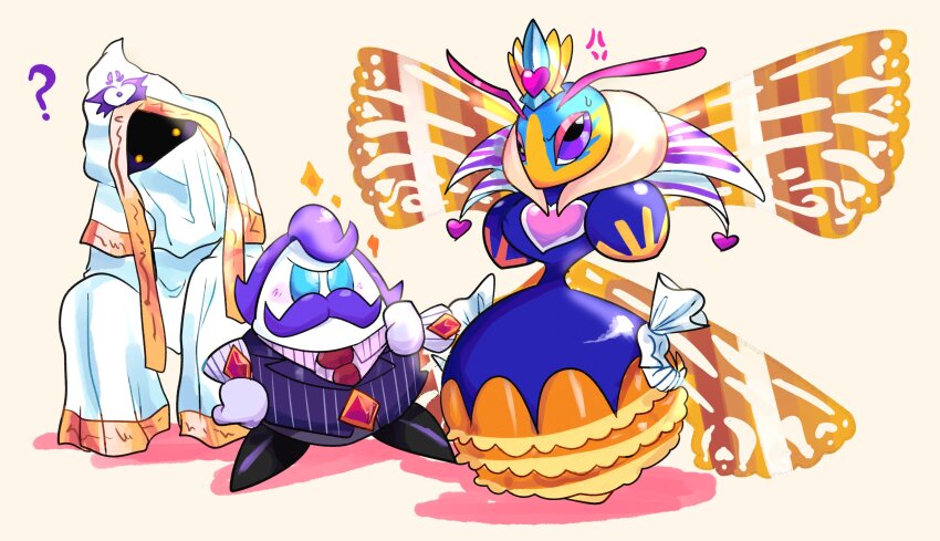 1girl 2boys ? absurdres anger_vein arthropod_girl awxtach blue_eyes blush colored_skin facial_hair formal_clothes gloves hand_on_own_hip highres hood hyness kirby:_planet_robobot kirby_star_allies kirby:_triple_deluxe kirby_(series) max_profitt_haltmann monster_girl multiple_boys mustache necktie nintendo pinstripe_pattern pinstripe_suit purple_hair purple_skin queen_sectonia robe sparkle suit yellow_background yellow_eyes