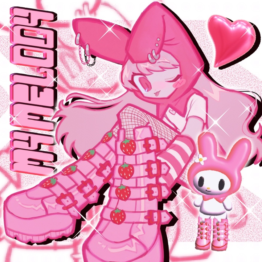 1girl 3d animal_hood blush_stickers boots character_name elbow_gloves eyelashes fishnet_pantyhose fishnets food fruit gloves heart highres hood humanization long_hair my_melody one_eye_closed onegai_my_melody pantyhose pierced_hat pink_boots pink_theme rabbit_hood sanrio short_sleeves solo sparkle strawberry striped_clothes striped_gloves tongue tongue_out yappari zoom_layer