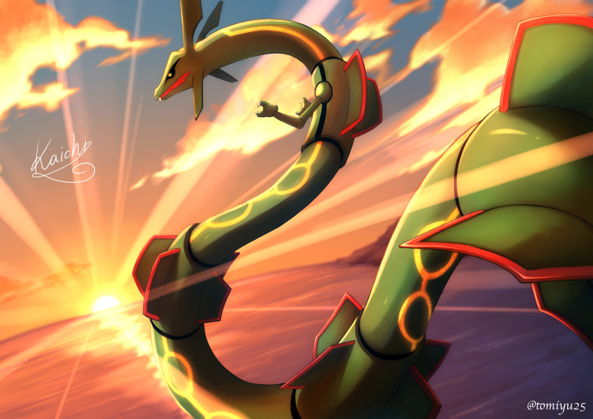 absurdres black_sclera claws closed_mouth cloud colored_sclera commentary_request dragon eastern_dragon fang fang_out gen_3_pokemon highres kaichi_(tomiyu25) legendary_pokemon nintendo no_humans outdoors pokemon pokemon_(creature) rayquaza signature sky solo sunset twilight yellow_eyes