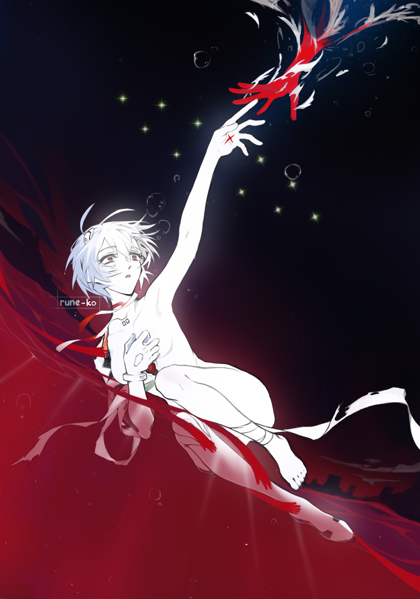 1girl arm_up artist_name ayanami_rei bandaged_leg bandages bodysuit commentary english_commentary full_body highres interface_headset_(evangelion) lilith_(ayanami_rei) mecha_pilot_suit neon_genesis_evangelion parted_lips partially_submerged plugsuit_(evangelion) red_eyes rune-ko short_hair the_end_of_evangelion white_bodysuit