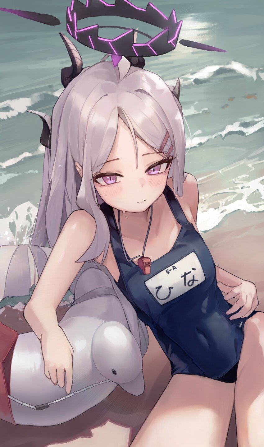 1girl absurdres bare_shoulders beach blue_archive blue_one-piece_swimsuit breasts character_name covered_navel cowboy_shot demon_girl demon_horns demon_wings duck_innertube hair_ornament halo highres hina_(blue_archive) hina_(swimsuit)_(blue_archive) horns innertube jun_daniell long_hair looking_at_viewer multiple_horns name_tag ocean official_alternate_costume old_school_swimsuit one-piece_swimsuit outdoors purple_eyes school_swimsuit small_breasts solo swim_ring swimsuit whistle whistle_around_neck white_innertube wings