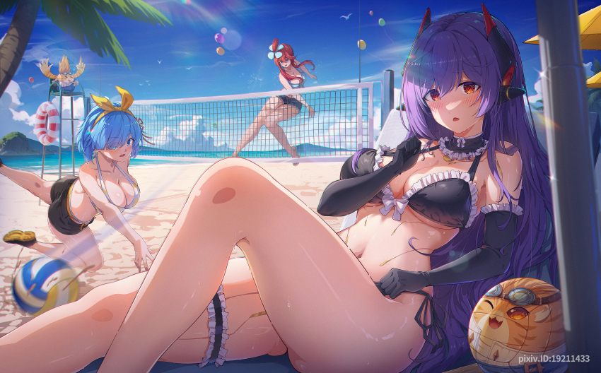 3girls absurdres android ball balloon beach beach_volleyball bird blue_eyes blue_hair blush breasts cleavage cloud commission commissioner_upload crossover denim denim_overalls denim_shorts detached_sleeves goggles hair_ornament hair_ribbon hairband hairclip highres lifeguard_chair long_hair multiple_crossover multiple_girls nintendo nopon ocean palm_tree pixiv_commission playing_sports pokemon pokemon_bw poppi_(xenoblade) poppi_qtpi_(xenoblade) purple_hair re:zero_kara_hajimeru_isekai_seikatsu red_hair rem_(re:zero) ribbon robot_girl sand sandals seagull shoes short_hair short_hair_with_long_locks shorts skyla_(pokemon) smile sneakers solo_focus sun_glare swimsuit thigh_strap tora_(xenoblade_2) tree volleyball volleyball_(object) volleyball_net waves whistle xenoblade_chronicles_(series) xenoblade_chronicles_2 xiayou_sieg yellow_hairband