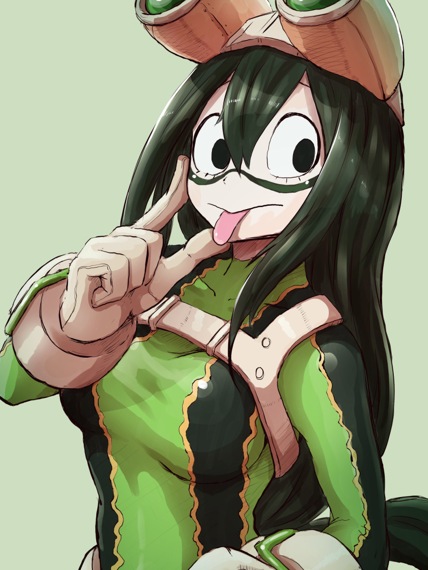 1girl asui_tsuyu asui_tsuyu_(hero_outfit) black_eyes bodysuit boku_no_hero_academia breasts cutterhappa female_focus gloves goggles goggles_on_head green_bodysuit green_hair highres large_breasts long_hair low-tied_long_hair solo superhero_costume tongue tongue_out white_gloves