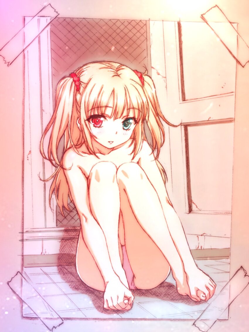 1girl bare_legs bare_shoulders barefoot blonde_hair blue_eyes boku_wa_tomodachi_ga_sukunai commentary_request feet full_body hair_ornament hair_scrunchie hands_on_own_feet hasegawa_kobato heterochromia highres holding_own_foot light_particles long_hair looking_at_viewer panties parted_lips pink_panties red_eyes scrunchie shiny_skin sitting solo topless_female two_side_up underwear underwear_only watanabe_yoshihiro