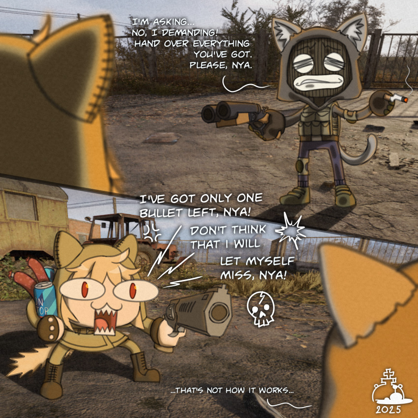 1boy 1girl 2025 adapted_costume aiming antykvarnyy_kalamar bandit crossover energy_drink english_text food game_screenshot_inset gun handgun highres looking_at_another mugging neco-arc neco-arc_chaos neco_spirit poorly_translated revolver sausage screaming shotgun smoking stalker_(game) stalker_2:_heart_of_chornobyl threat tsukihime weapon
