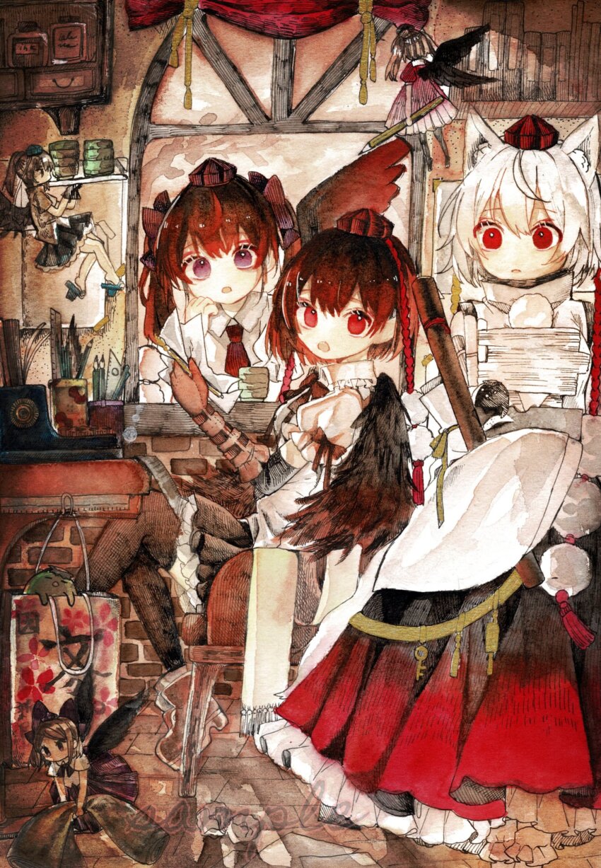 6+girls animal_ears ayaya~ bird_wings black_hair black_wings checkered_clothes checkered_skirt detached_sleeves geta hat hauchiwa highres himekaidou_hatate indoors inubashiri_momiji kappa kourindou_tengu_costume monji_(monzi328) multiple_girls necktie pom_pom_(clothes) purple_hat red_eyes red_hat ribbon-trimmed_sleeves ribbon_trim shameimaru_aya short_hair sitting skirt tail tengu tengu-geta tokin_hat touhou traditional_media twintails white_hair wings wolf_ears wolf_girl