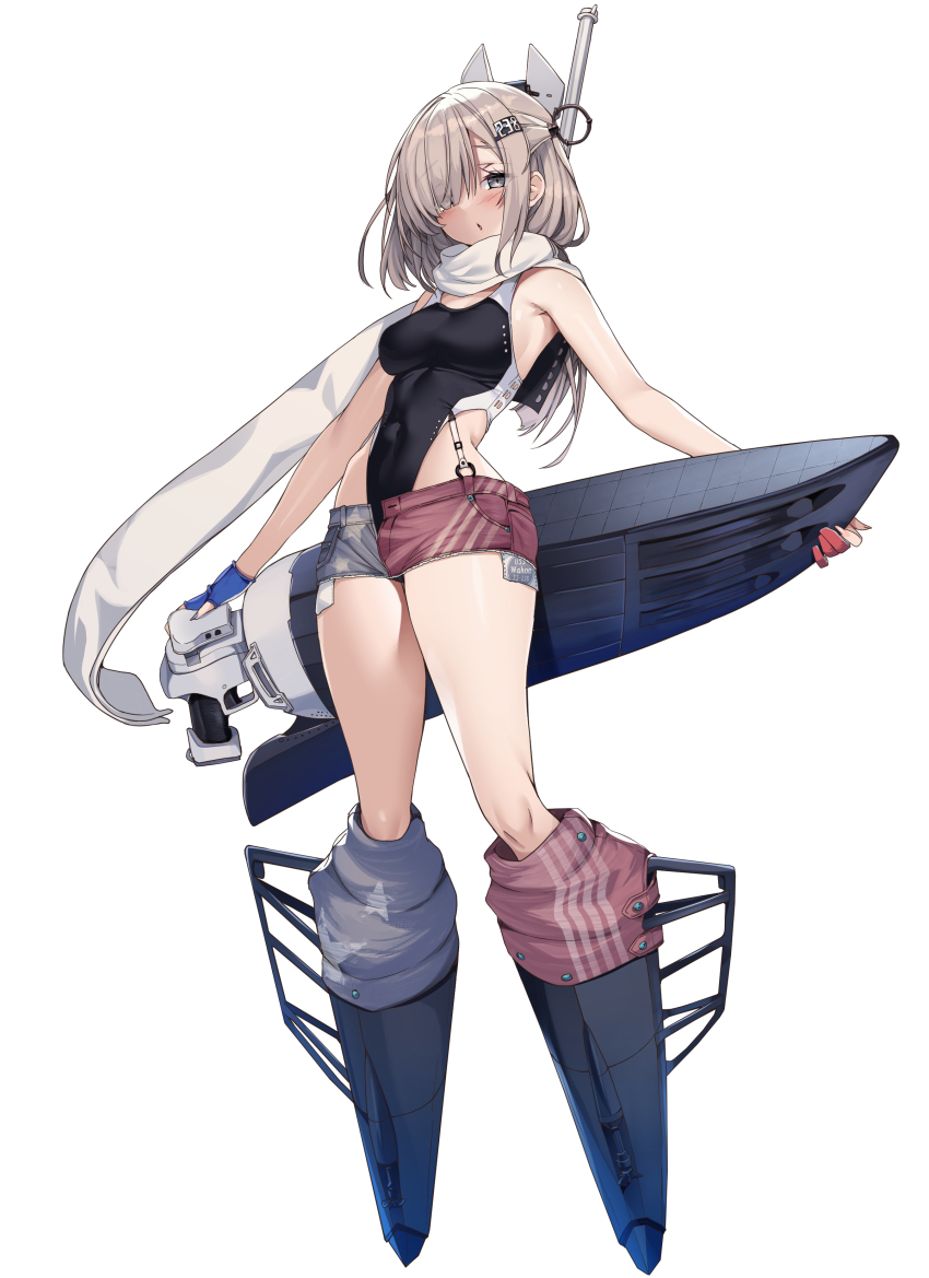 1girl :o absurdres american_flag american_flag_print american_flag_skirt black_one-piece_swimsuit blue_gloves blush breasts brown_hair commentary_request competition_swimsuit covered_navel denim denim_skirt english_text flag_print full_body gloves grey_eyes hair_ornament hair_over_one_eye headgear highleg highleg_one-piece_swimsuit highres japanese_flag kantai_collection kill_markings long_hair looking_at_viewer machinery medium_breasts medium_hair miniskirt oerlikon_20mm_gun one-piece_swimsuit open_mouth print_skirt red_gloves scarf shorts simple_background skirt solo standing swimsuit thighs torisan torpedo_launcher two-tone_one-piece_swimsuit wahoo_(kancolle) white_background white_scarf