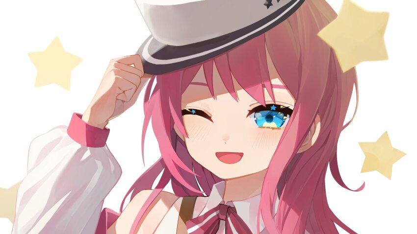 1girl blue_eyes blush cjsdh1000 collared_shirt hand_on_headwear hat highres long_hair long_sleeves looking_at_viewer one_eye_closed open_mouth pink_hair shii_(siixtar_gate) shirt simple_background sixtar_gate solo star_(symbol) upper_body white_background white_hat white_shirt