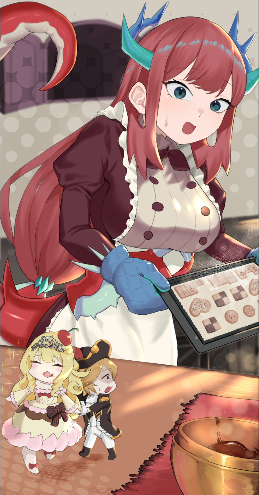 1boy 2girls absurdres apron blonde_hair blue_eyes blue_gloves blue_horns breasts brown_hair chef cherry closed_eyes cookie detached_sleeves dragon_girl dragon_horns duel_monster food frilled_apron frills fruit gloves heart heart-shaped_food highres horns kitchen_dragonmaid large_breasts long_hair long_sleeves madolche_chouxvalier madolche_puddingcess maid maid_apron multiple_girls open_mouth princess red_hair sweat tiara valentine very_long_hair wa_tsuji white_apron yu-gi-oh!